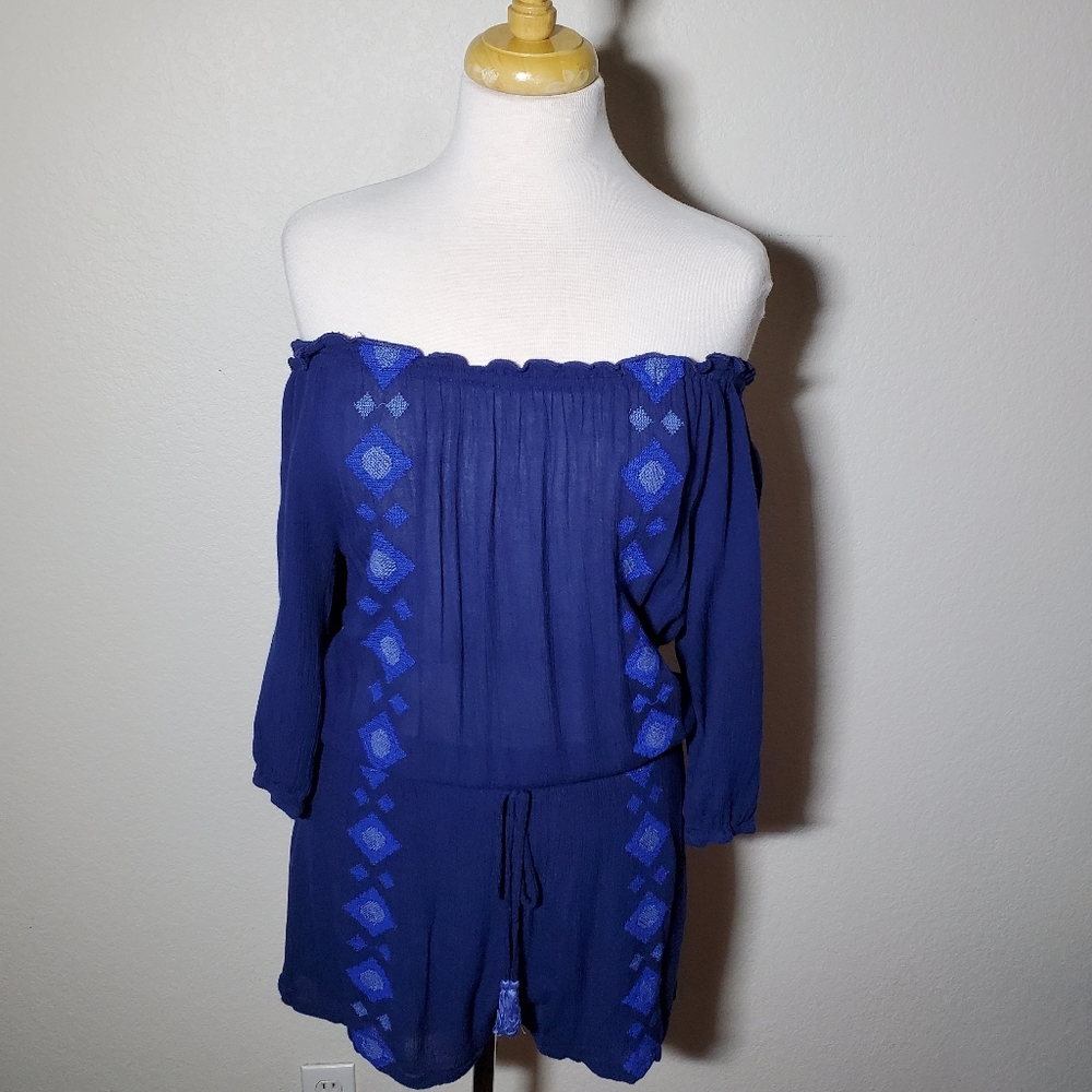 Blue Off the Shoulder Embroidered Romper
